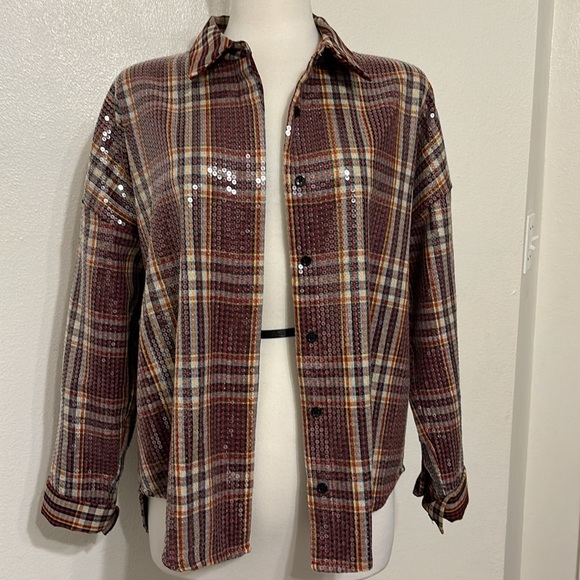 Sequin Plaid Button-Up Shirt - Picture 4 of 10